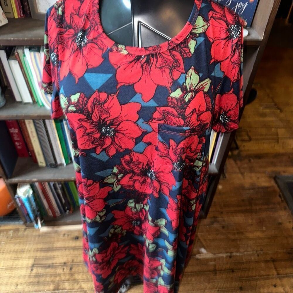 Lularoe red flowers high low loungewear L cozy Carly dress